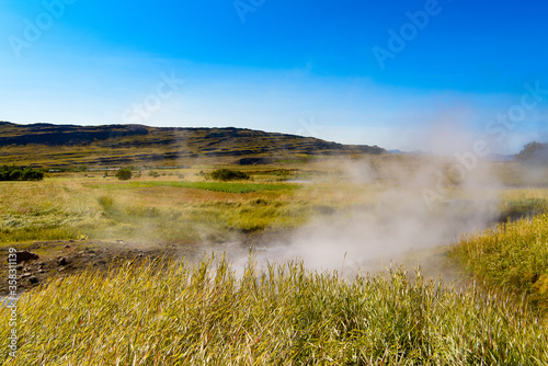 Nature of Deildartunguhver, a hot spring in Reykholtsdalur, Iceland