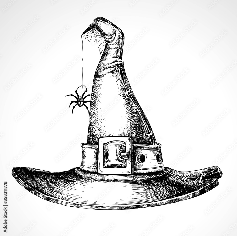 Witch hat with a buckle and spider vector graphic drawing on white