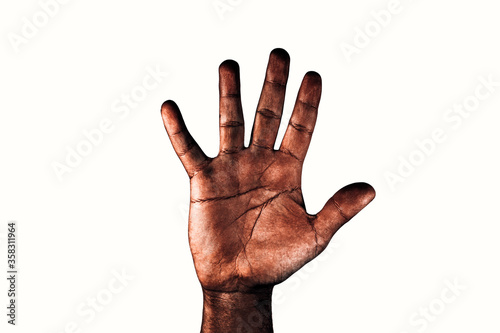 Open palm of a black man with spread fingers asking for stop racism isolated on white background.