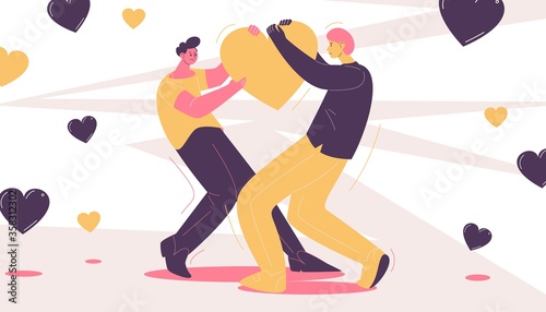 Two adult men fighting for like or heart. Popularity in blog and internet concept scene drawn with pink and yellow and outline