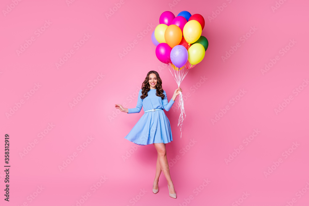 Full length body size view of her she nice attractive lovely stunning cheerful wavy-haired lady holding in hand bunch air balls congrats anniversary jubilee isolated pink pastel color background Full length body size view of her she nice attractive lovely stunning cheerful wavy-haired lady holding in hand bunch air balls congrats anniversary jubilee isolated pink pastel color background