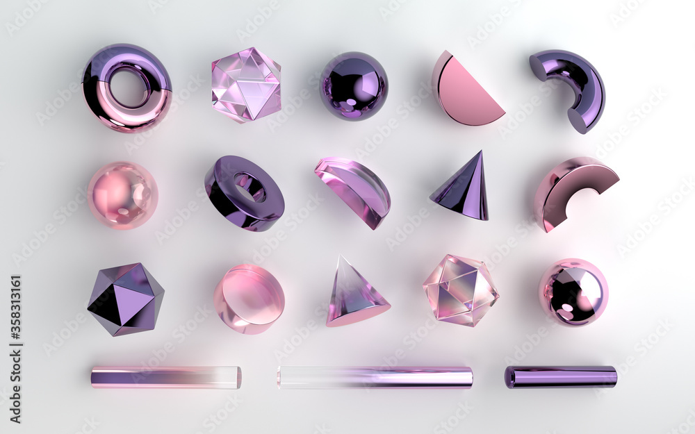 Set of realistic 3d geometric shapes on white background. Purple and ...