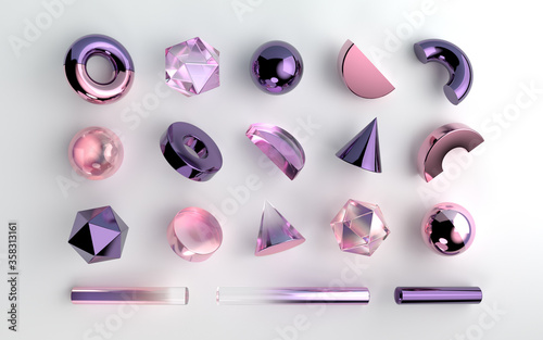 Set of realistic 3d geometric shapes on white background. Purple and pink gemstones and violet metallic elements. Spheres, hexagons, cones, tubes, torus elements in transparent gradient design.  photo