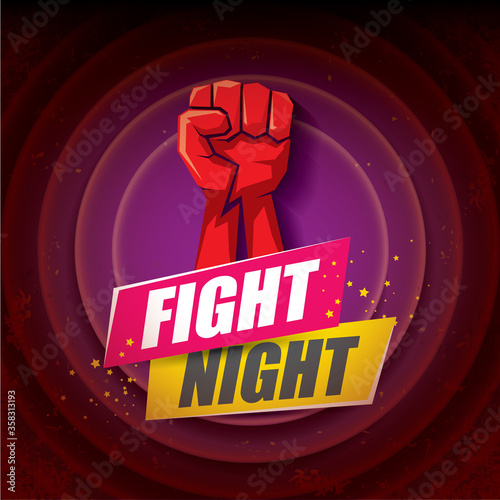Fight night vector modern poster with text and strong fist. mma, wrestling or fight club emblem design template. fight label isolated on black background
