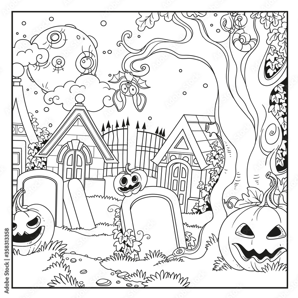 Halloween background cemetery and crypts with pumpkins outlined for coloring page
