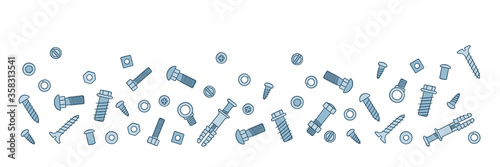 Background with fasteners. Bolts, screws, nuts, dowels and rivets in doodle style. Hand drawn building material. Color vector illustration on white background