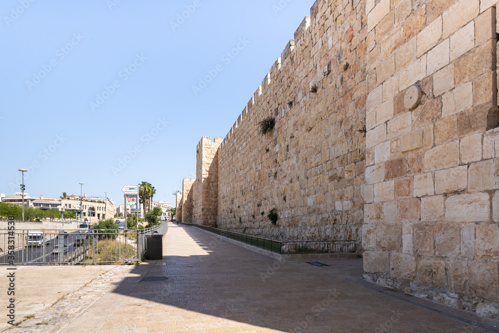 Fragment of the fortress wall encircling the old city in the Jaffa Gate area in the old city of Jerusalem in Israel