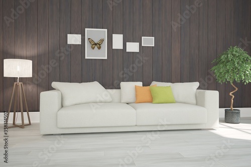 modern room with sofa,lamp and plants interior design. 3D illustration