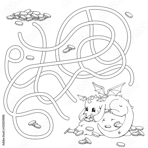 Labyrinth. Maze game for kids. Help cartoon dragon find path to his treasure (coins). White and black vector illustration for coloring book.