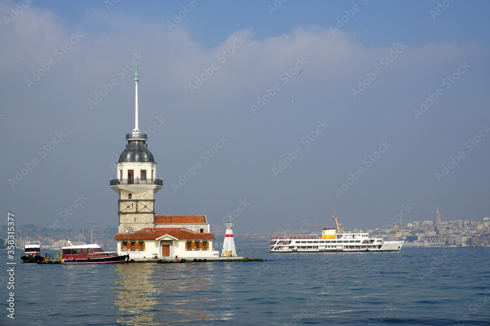 Maiden's tower and Passenger Ferry, symbol of Istanbul, Turkey