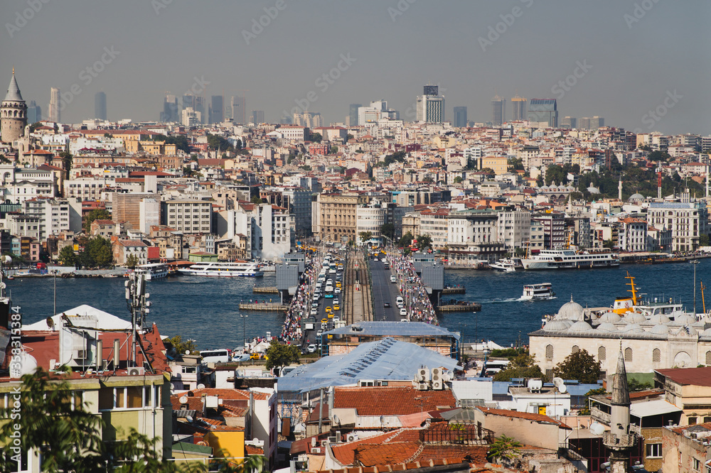 Panoramic shot of the Galata Bridge on the Golden Horn connecting Karakoy and Eminonu, Istanbul, Turkey, traffic during day time, from above