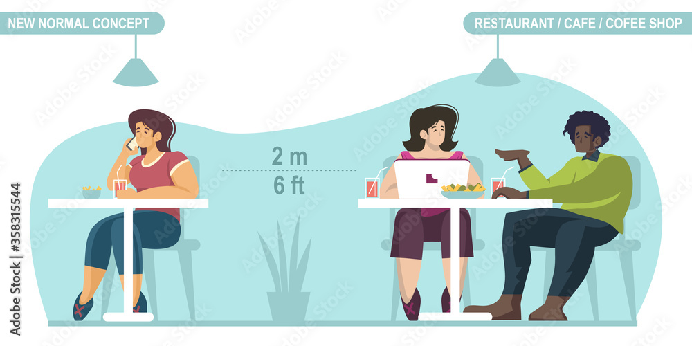 New normal social distancing concept. People sitting on public restaurant, keeping distance to protect from COVID-19 Coronavirus. Scalable and editable vector illustration.