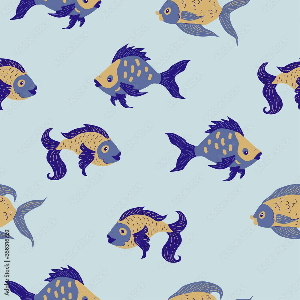 Seamless pattern of freshwater aquarium cartoon fishes. Vector illustration in sketch style. Design concept.