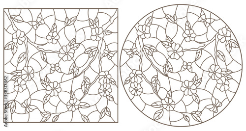 Set of contour illustrations in stained glass style with branches of a flowering tree and butterflies, dark outlines on a white background