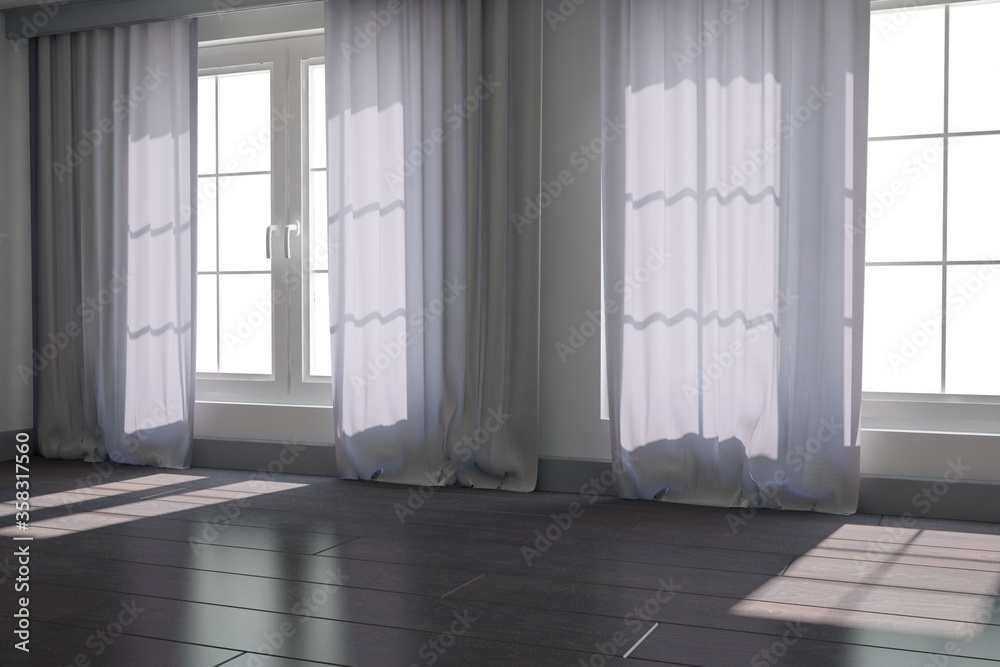 modern empty room with curtains interior design. 3D illustration