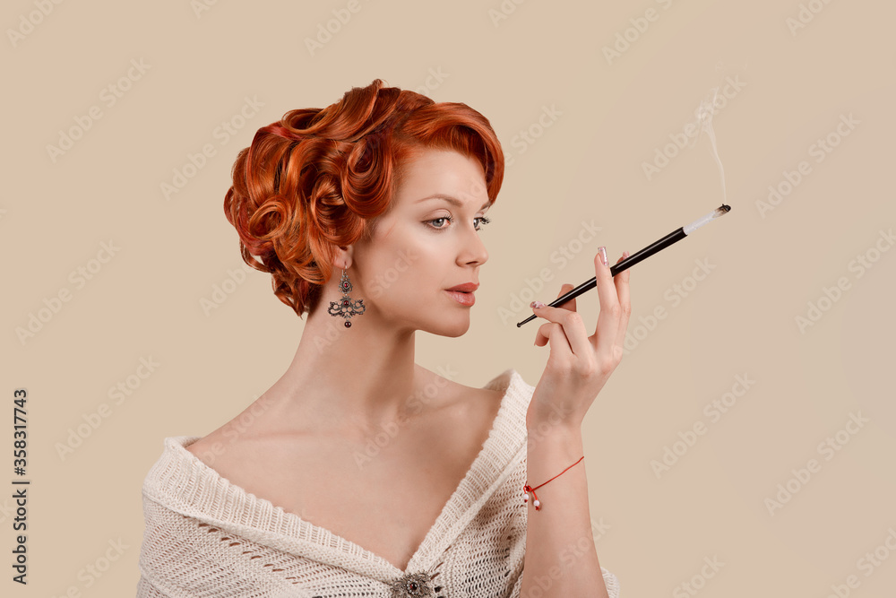 retro beauty girl up hairdo style posing in studio smoking a cigarette retro beauty girl up hairdo style posing in studio smoking a cigarette
