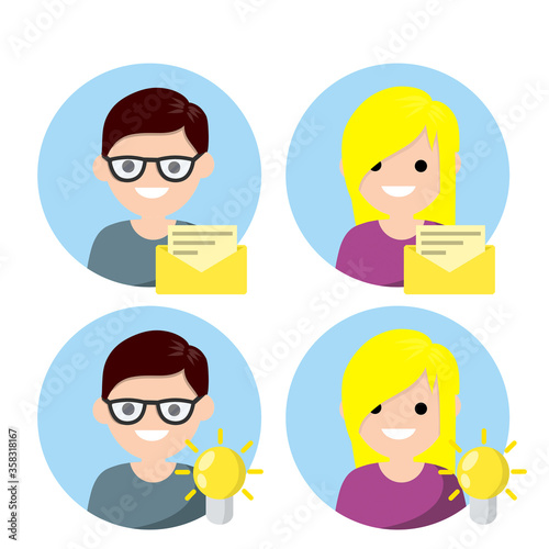 Set of avatars of man in circle for social network. Conception of idea and light bulb. Guy and young boy. Human head. Delivery of letters and messages. Yellow envelope icon