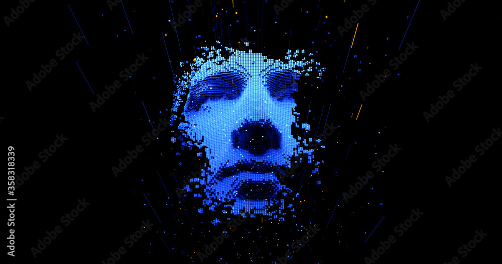 Abstract digital human face.  Artificial intelligence concept of big data or cyber security. 3D rendering
 - obrazy, fototapety, plakaty 
