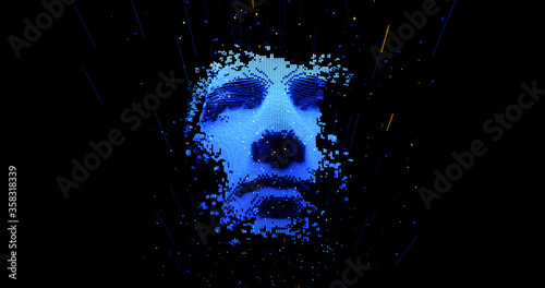 Abstract digital human face.  Artificial intelligence concept of big data or cyber security. 3D rendering
