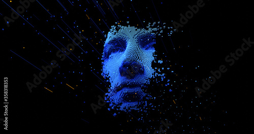 Abstract digital human face.  Artificial intelligence concept of big data or cyber security. 3D rendering
