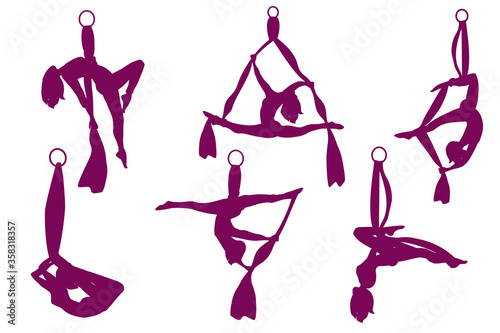 Set. Silhouettes of an aerialist with silk ribbon and hammock. Girl. Aerial Yoga. Stretching exercises.
