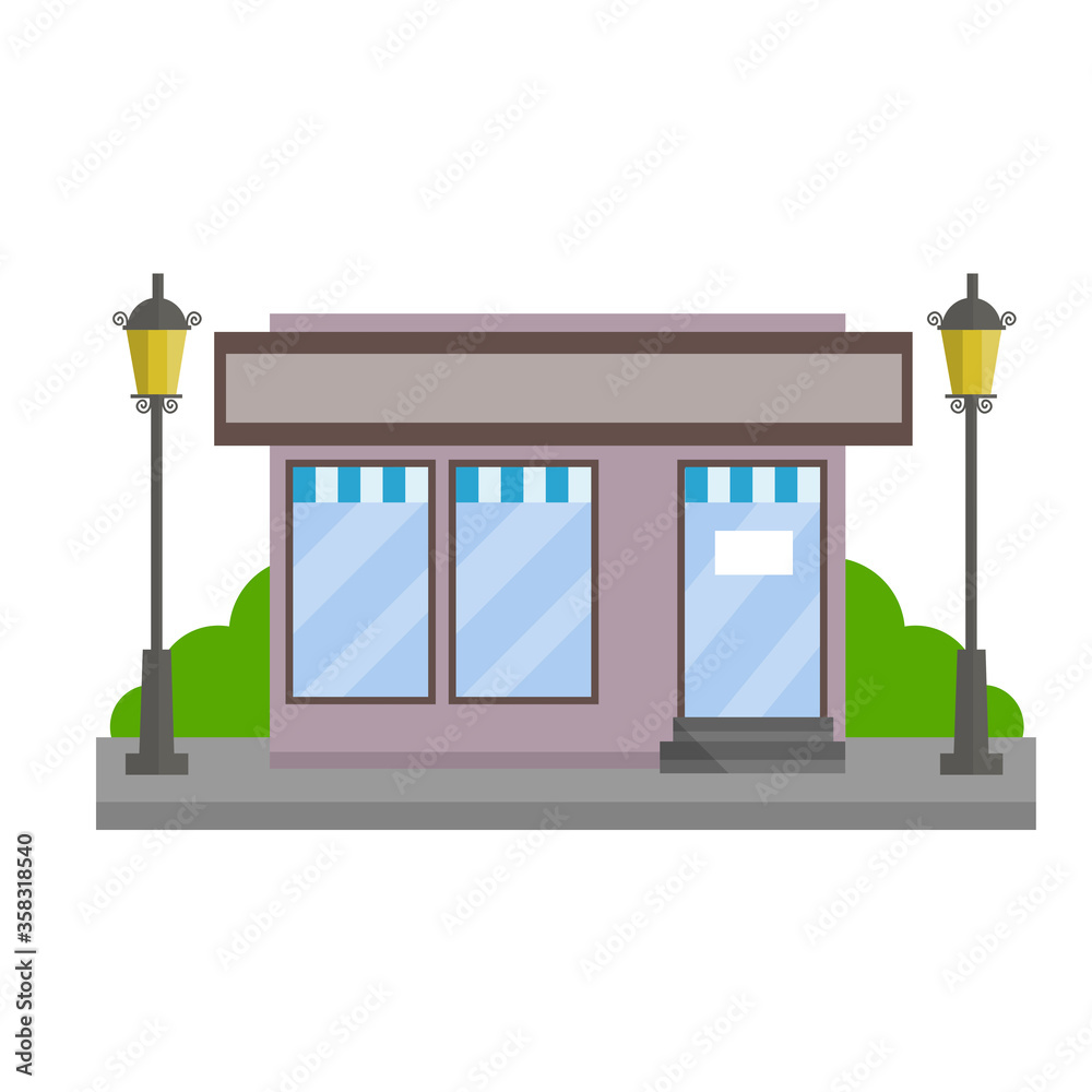 Obraz premium Small shop or Store. Food trade and coffee shop. Town and city. Element of urban landscape. Facade of the house with showcase. Cartoon flat illustration