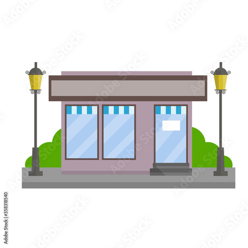 Fototapeta Naklejka Na Ścianę i Meble -  Small shop or Store. Food trade and coffee shop. Town and city. Element of urban landscape. Facade of the house with showcase. Cartoon flat illustration