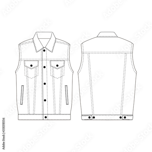 Jeans vest outline unisex denim vector illustration flat outline template clothing collection top