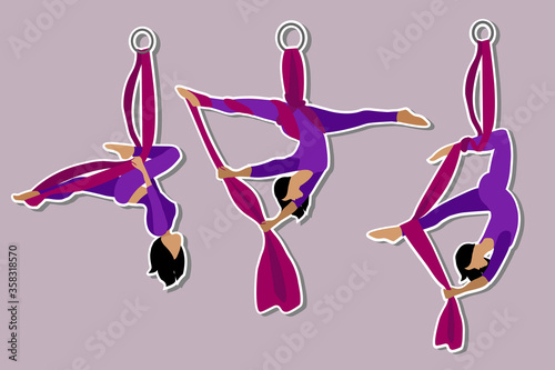 Set. Stickers Aerial with silk ribbon and hammock. Girl. Aerial Yoga. Stretching exercises