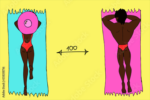 Keep social distance. Sunbathing guy and girl at a distance of 1 meter. Bright solnichny summer illustration.