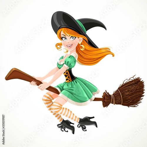 Canvastavla Cute redheaded witch in green dress flying on a broom isolated on a white backgr