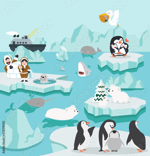 Set of cute cartoon North pole Arctic on icebergs background