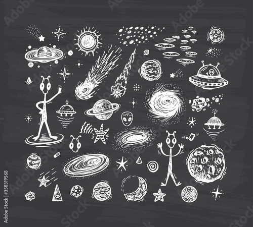Outer Space Set. Cartoon Galaxy. Vector Universe. Hand Drawn Doodle Cosmic Space: Planets, Stars, UFO, Funny Aliens, Black Hole, Comets. Cosmos

