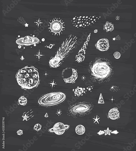 Outer Space Set. Cartoon Galaxy. Vector Universe. Hand Drawn Doodle Cosmic Space: Planets, Stars, Black Hole, Comets. Cosmos
