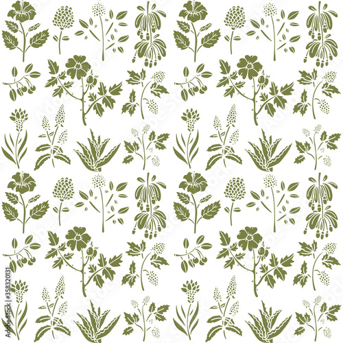 Seamless pattern with flowers, leaves, herbs, plants. Floral repeating background