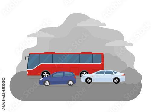  Pollution from the exhaust of cars. Ecology problems concept. Flat style, vector illustration. 