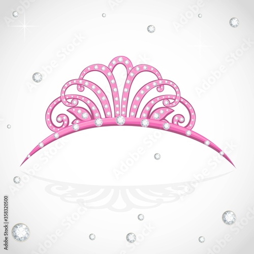 Shiny pink tiara with precious stones isolated on white background