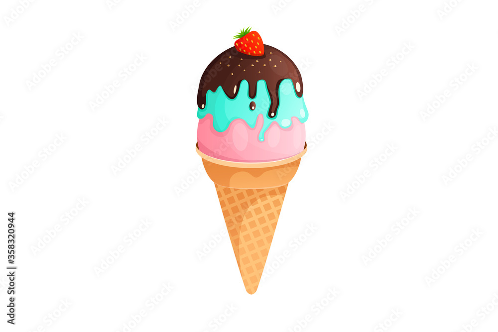Ice cream cone with nuts, chocolate and strawberries. Vector flat ice cream illustration.