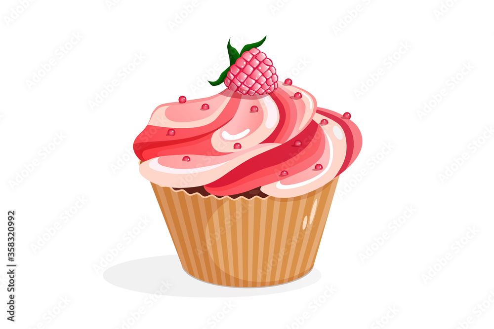 Cupcake with raspberries on a white background. Vector illustration of a cupcake. Baking concept. Cupcake for advertising, banner template, flyer, birthday card. Cupcake with raspberries on a white background. Vector illustration of a cupcake. Baking concept. Cupcake for advertising, banner template, flyer, birthday card.