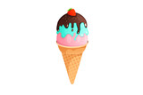 Ice cream cone with nuts, chocolate and strawberries. Vector flat ice cream illustration.