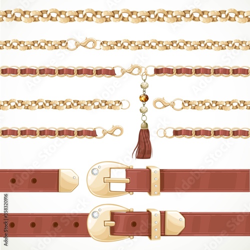 Belt on chain with a tassel, leather belt buttoned and unbuttone