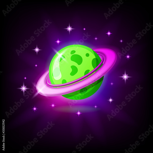 Green planet with rings icon for game or mobile app on dark background. Alien world vector illustration in cartoon style