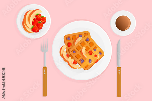 Vector illustration of breakfast with coffee waffles and berries on a pink background. Belgian waffles with blackberries, strawberries and peaches with jam. Flat design style. Breakfast concept.