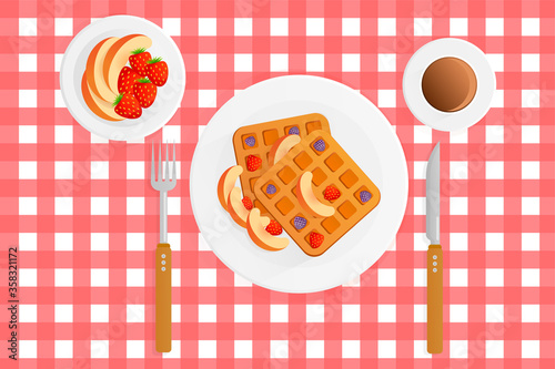 Vector illustration of breakfast with coffee waffles and berries on a red checkered tablecloth. Belgian waffles with blackberries, strawberries and peaches. Flat design style. Breakfast concept.