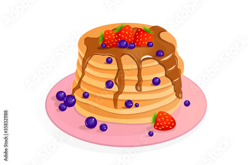 Pancakes with blueberries and strawberries with chocolate. Vector illustration of pancakes on a white background. Flat design style.