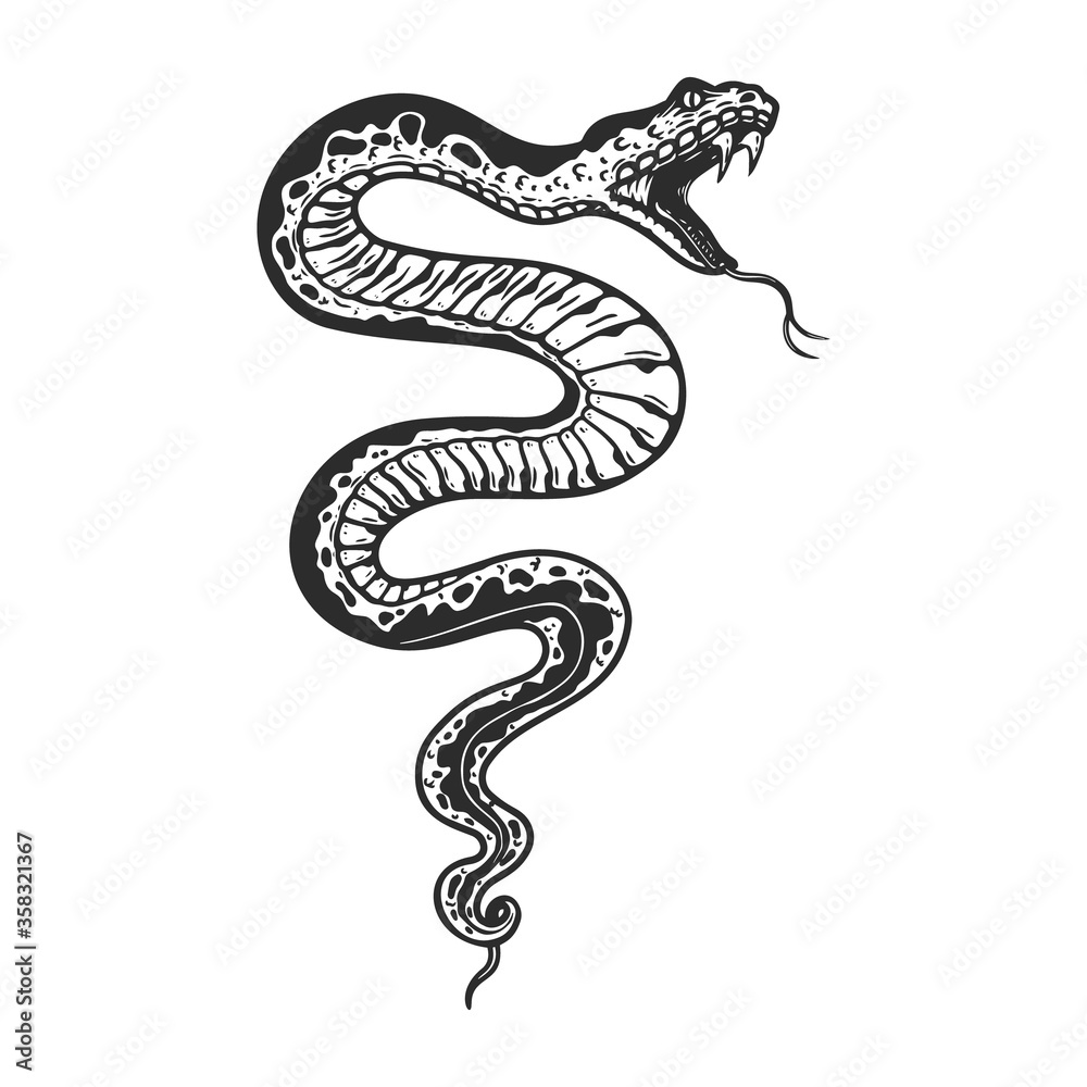 Obraz premium Illustration of poisonous snake in engraving style. Design element for logo, label, emblem, sign, badge. Vector illustration