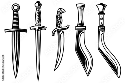Set of illustration of daggers in engraving style. Design element for logo, label, emblem, sign. Vector illustration