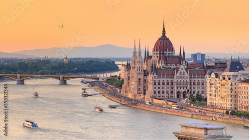 City summer landscape - top view of the historical center of Budapest with the Danube river, in Hungary