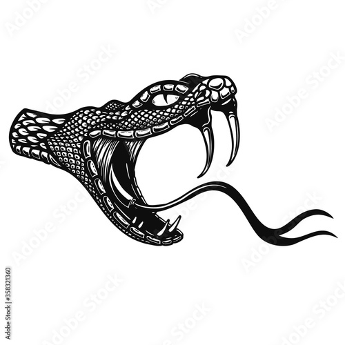 Illustration of poisonous snake head in engraving style. Design element for logo, label, sign, poster, t shirt. Vector illustration