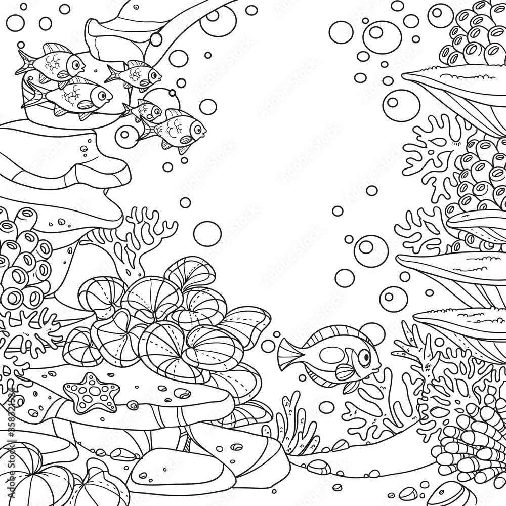 Underwater world with stones, corals, fish, algae and anemones outlined isolated on white background Underwater world with stones, corals, fish, algae and anemones outlined isolated on white background
